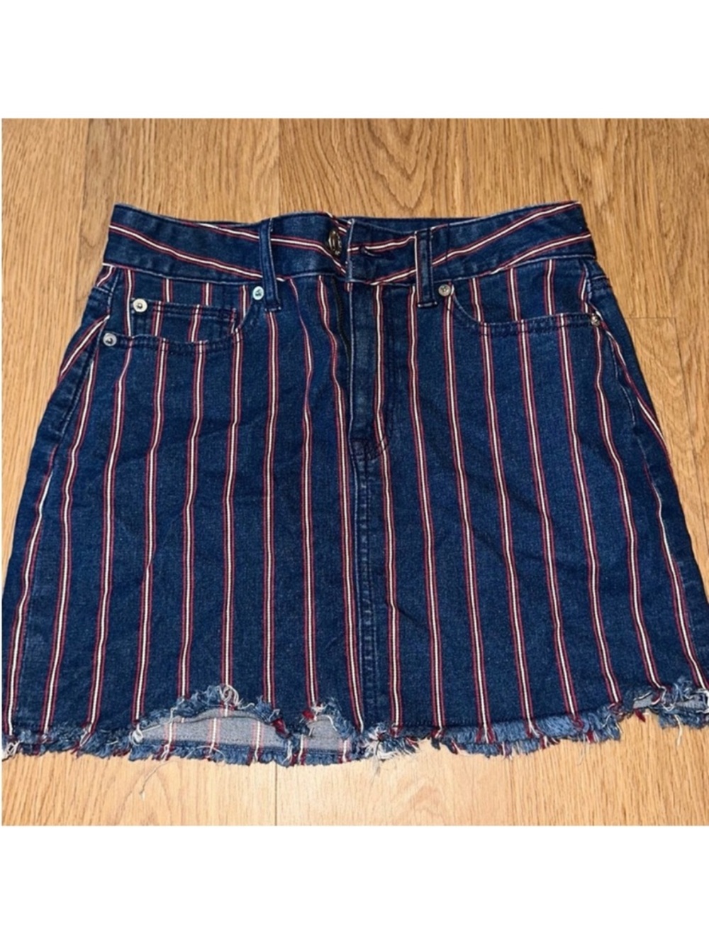 Striped Denim Mini Skirt - Navy with Red & White Stripes American Eagle Jeans